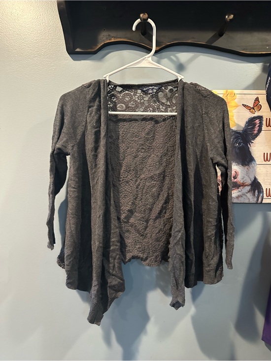 American Eagle Outfitters Sweaters - American Eagle Outfitters Charcoal Lace-Back Open Draped Cardigan